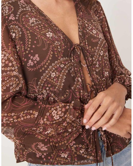 Abercrombie & Fitch Brown Tie Front Long Sleeve Blouse