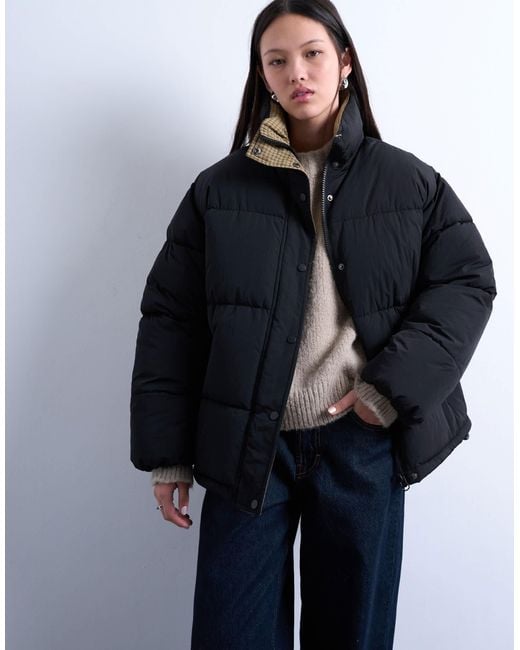 TOPSHOP Blue Internal Check Funnel Neck Puffer Jacket