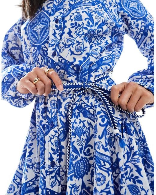 Only Petite Blue Dropped Hem Tie Waist Mini Dress