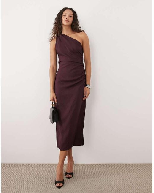 Mango Purple Linen Mix One Shoulder Draped Midi Dress