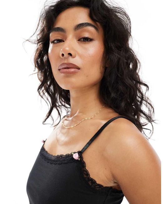 The Frolic Black Exclusive Lace Trim Jersey Cami Pyjama Top Co-Ord