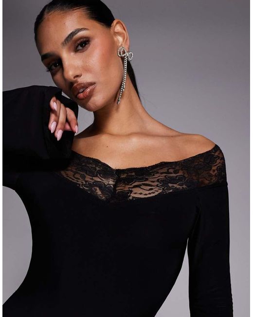 Fashionkilla Black Exclusive Slinky Lace Trim Bardot Flare Sleeve Mini Dress