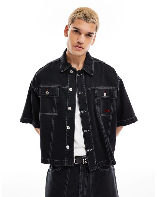 Collusion Black Co-ord Denim Skater Shirt With Contrast Branding for men