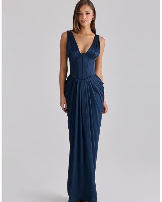 House Of Cb Blue Angeline Satin Corset Maxi Dress