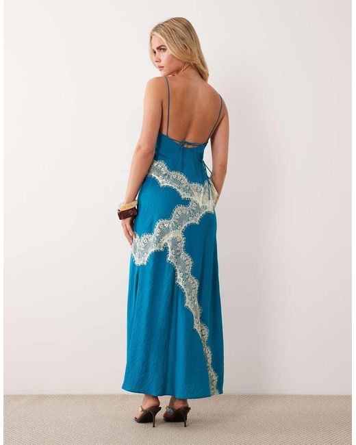 ASOS Blue Asos Design Petite Overlay Lace Trim Midaxi Dress With Back Detail