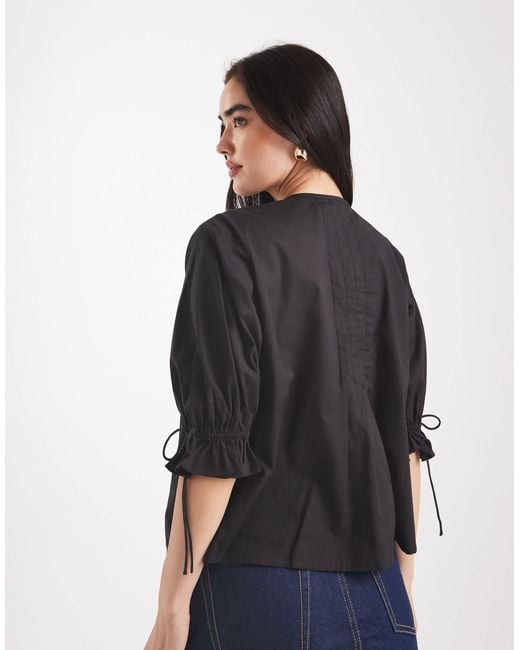 ASOS Blue Ruffle Front Top With Pleat Detail And Tie Front
