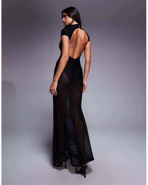 ASOS Blue Capped Sleeve Textured Sheer Maxi Dress With Bodysuit