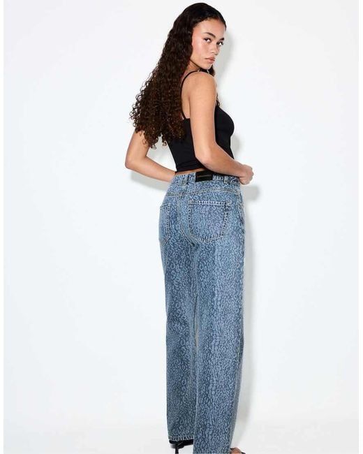 Stradivarius Blue Leopard Print Straight-leg Jeans With Rhinestones