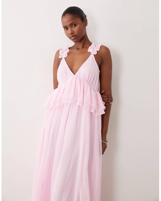 Vila Pink Ruffle Strap Chiffon Maxi Dress