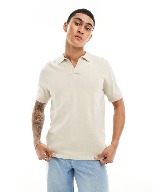 ASOS Blue Lightweight Knitted Cotton Notch Neck Polo for men