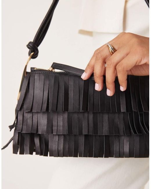 Mango Natural Leather Fringed Hand Bag With Gold Accents