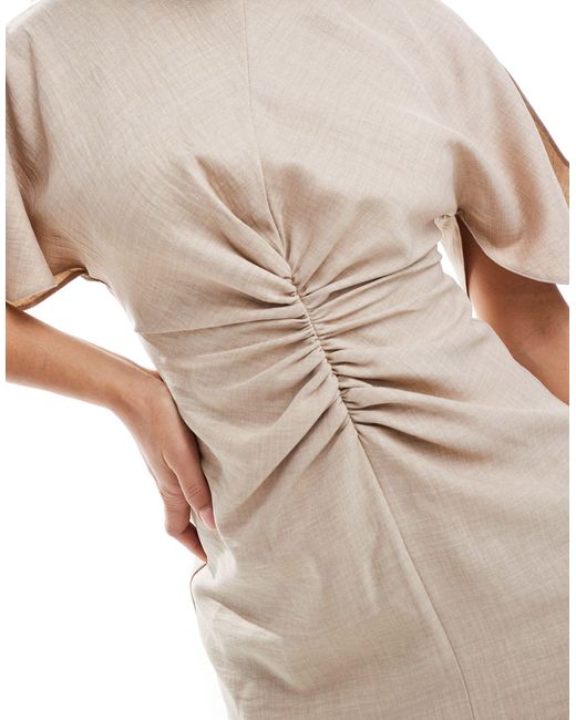 ASOS White Linen-look Flutter Sleeve Midi Dress With Ruching Detail