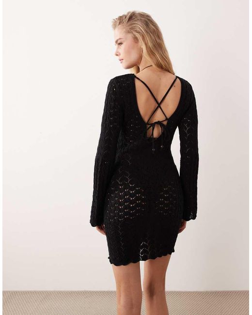 Miss Selfridge Black Crochet Waist Detailing Long Sleeve Mini Dress