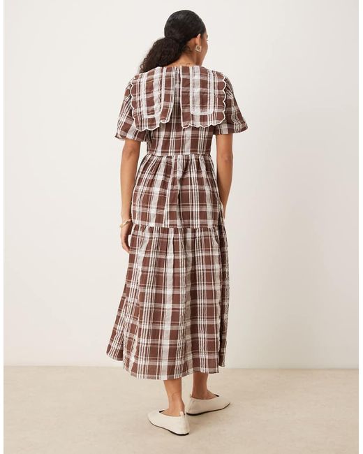 Neon Rose Natural Collar Detail Check Print Midaxi Dress