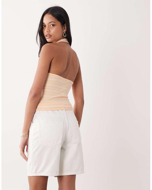 Miss Selfridge White Stripe Halterneck Top With Picot Trim Detail