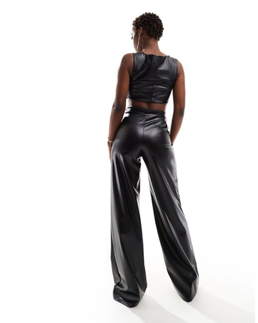 ASOS Black Leather Look Plunge Wide Leg Jumpsuit