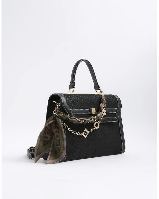 River Island Black Faux Suede Monogram Charm Tote Bag
