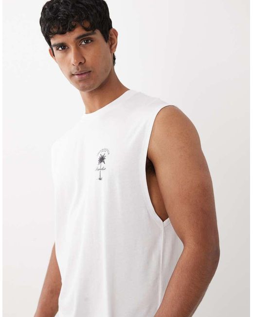 Jack & Jones White Palm Print Backprint Singlet for men