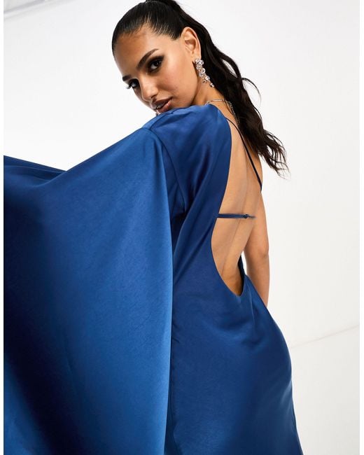 ASOS Blue Satin One Shoulder Flare Sleeve Maxi Dress With Back Detail