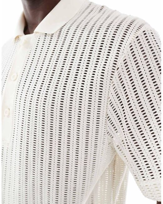 River Island White Boxy Fit Crochet Polo for men