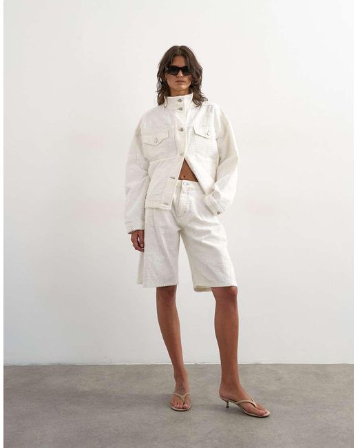 TOPSHOP White Denim Funnel Neck Elastic Waist Jacket