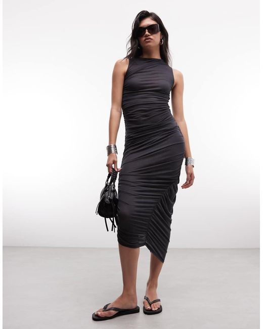 Weekday Blue Co-ord Semi Sheer High Neck Gathered Tank Top