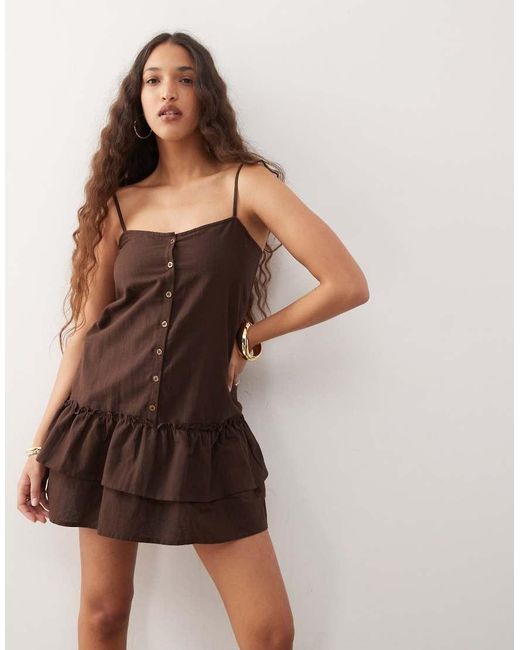 Motel Natural Mailina Button Detail Linen Mini Dress