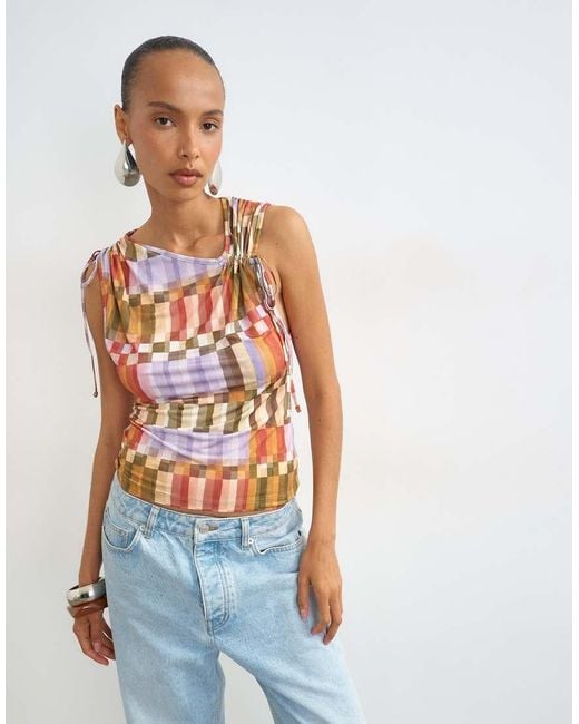TOPSHOP Blue Check Mesh Ruched Detail Top