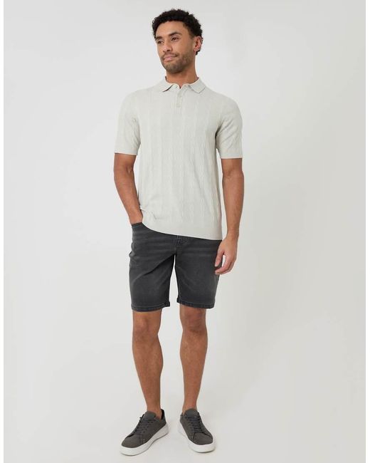 Threadbare White Cable Stripe Knitted Button Polo for men
