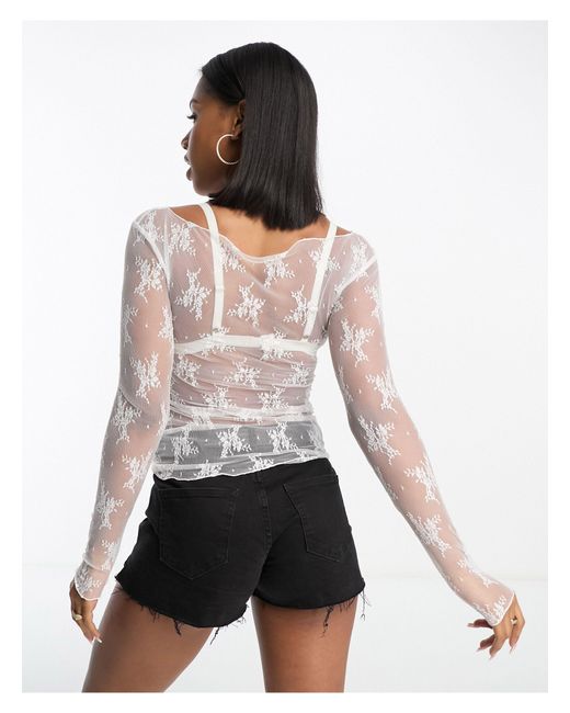 Miss Selfridge White Festival Sheer Lace Long Sleeve Ruched Top