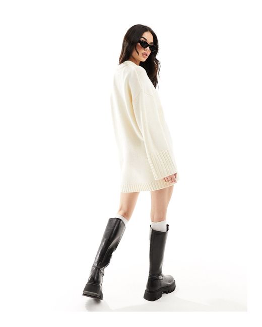 ASOS Natural Knitted Crew Neck Mini Dress With Wide Sleeve And Rib Hem