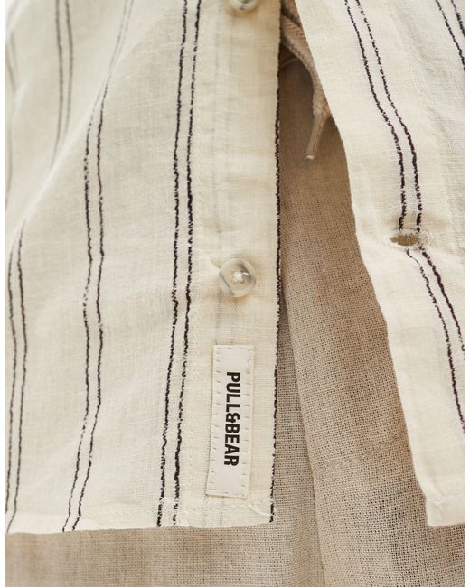 Pull&Bear White Linen Stripe Grandad Neck Shirt for men