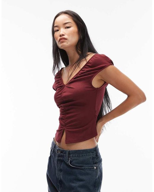 Top Fruncido Con Cuello De Pico Y Lazada En La Espalda De -Rojo ASOS de color Red