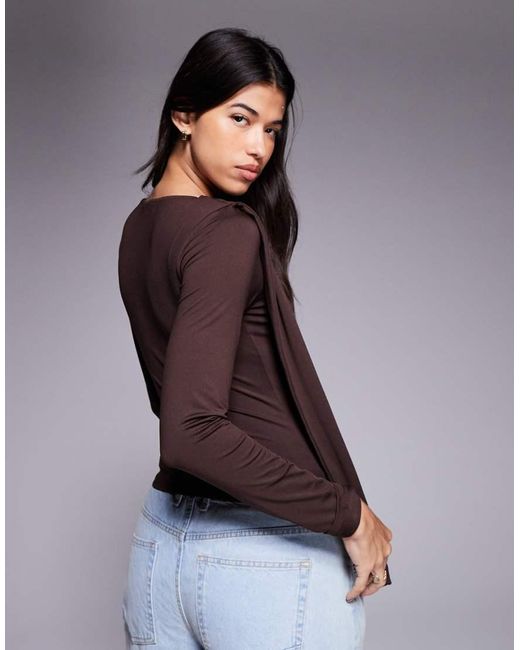 ASOS Brown Slinky Drape Detail Long Sleeve Top