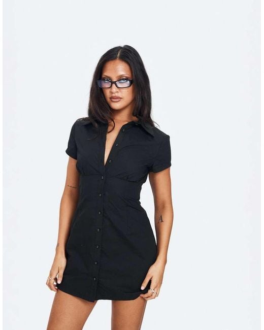 Princess Polly Black Motley Cotton Button Through Cinch Back Detail Mini Shirt Dress