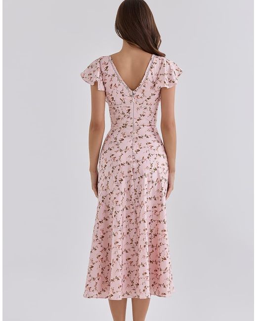 House Of Cb Pink Raye Vintage Floral Print Satin V-Neck Midi Tea Dress