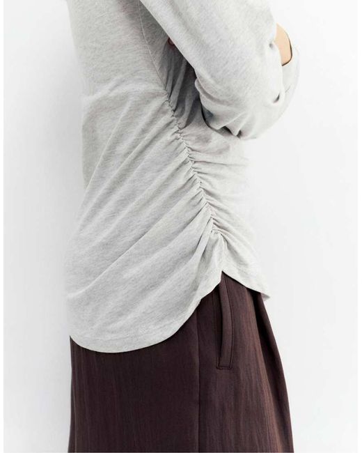 Pull&Bear White Long Sleeve T-shirt With Gathers