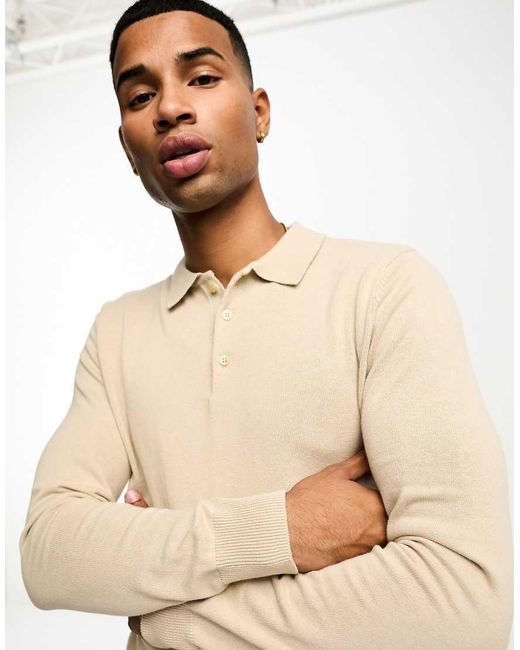 Brave Soul Natural Cotton Long Sleeve Knitted Polo Shirt for men
