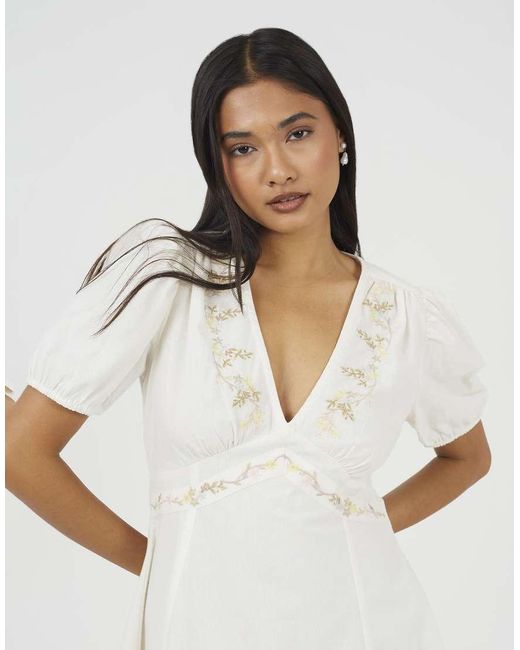 Brave Soul White Puff Sleeve Mini Dress With Floral Embroidery