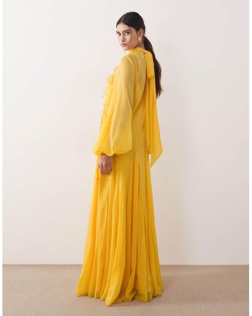 ARRANGE Yellow Applique Floral Tie Neck Blouson Sleeve Trapeze Maxi Dress
