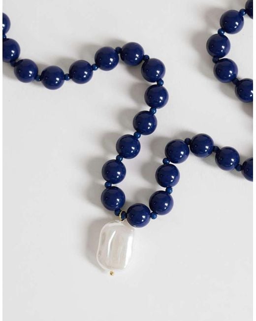 TOPSHOP Blue Marais Beaded Necklace With Pearl Charm