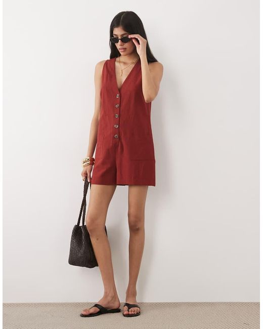 New Look Red V Neck Button Through Playsuit