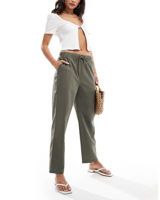 Mango Green Linen Look Cropped Relaxed Trousers