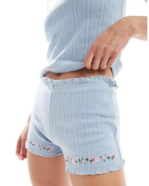 Daisy Street Blue Pointelle Singlet Top And Matching Shorts Pyjama Set With Floral Embroidery