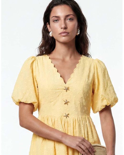 Lovedrobe Yellow Scalloped V Neck Starfish Button Mini Dress