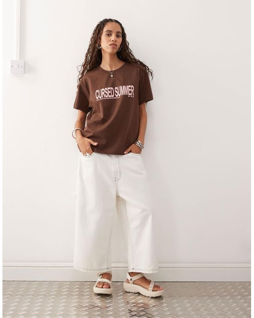 Collusion Brown Short Sleeve Oversized T-shirt With Print