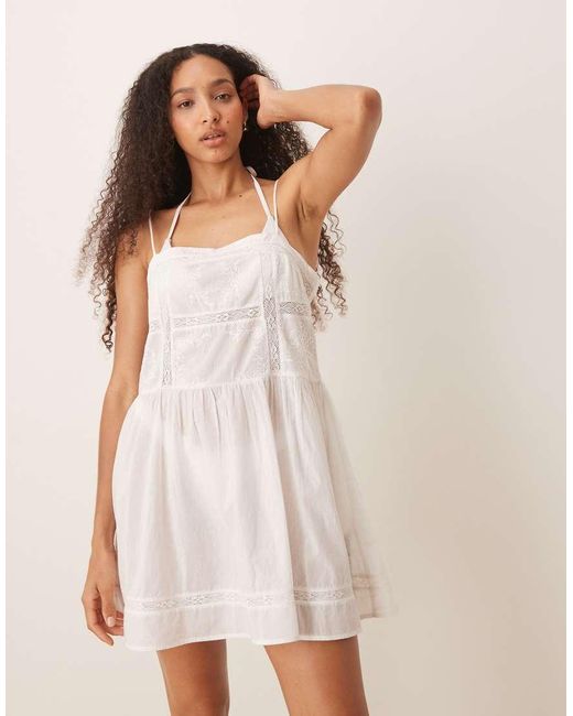 ASOS Natural Sheer Embroidered Drop Waist Mini Beach Dress
