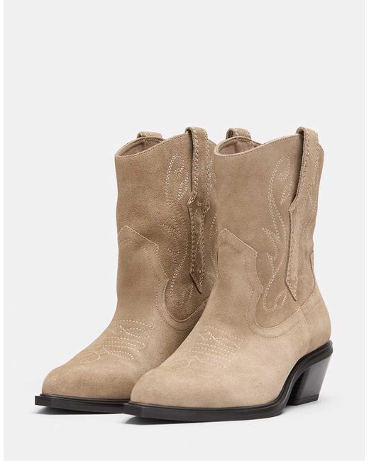 Stradivarius Natural Leather Cowboy Heeled Ankle Boots