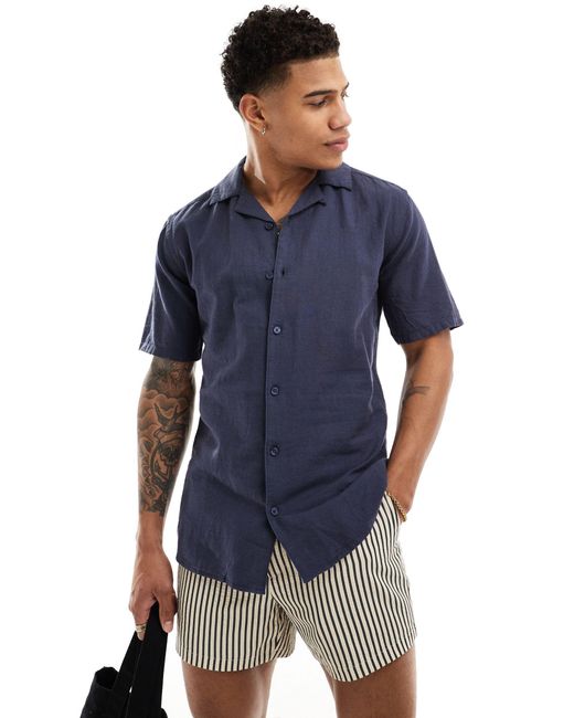 Only & Sons Blue Linen Mix Revere Collar Shirt for men