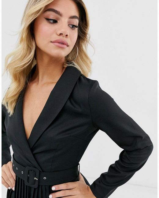 In The Style Black Plunge Front Blazer Dress With Pleated Skirt